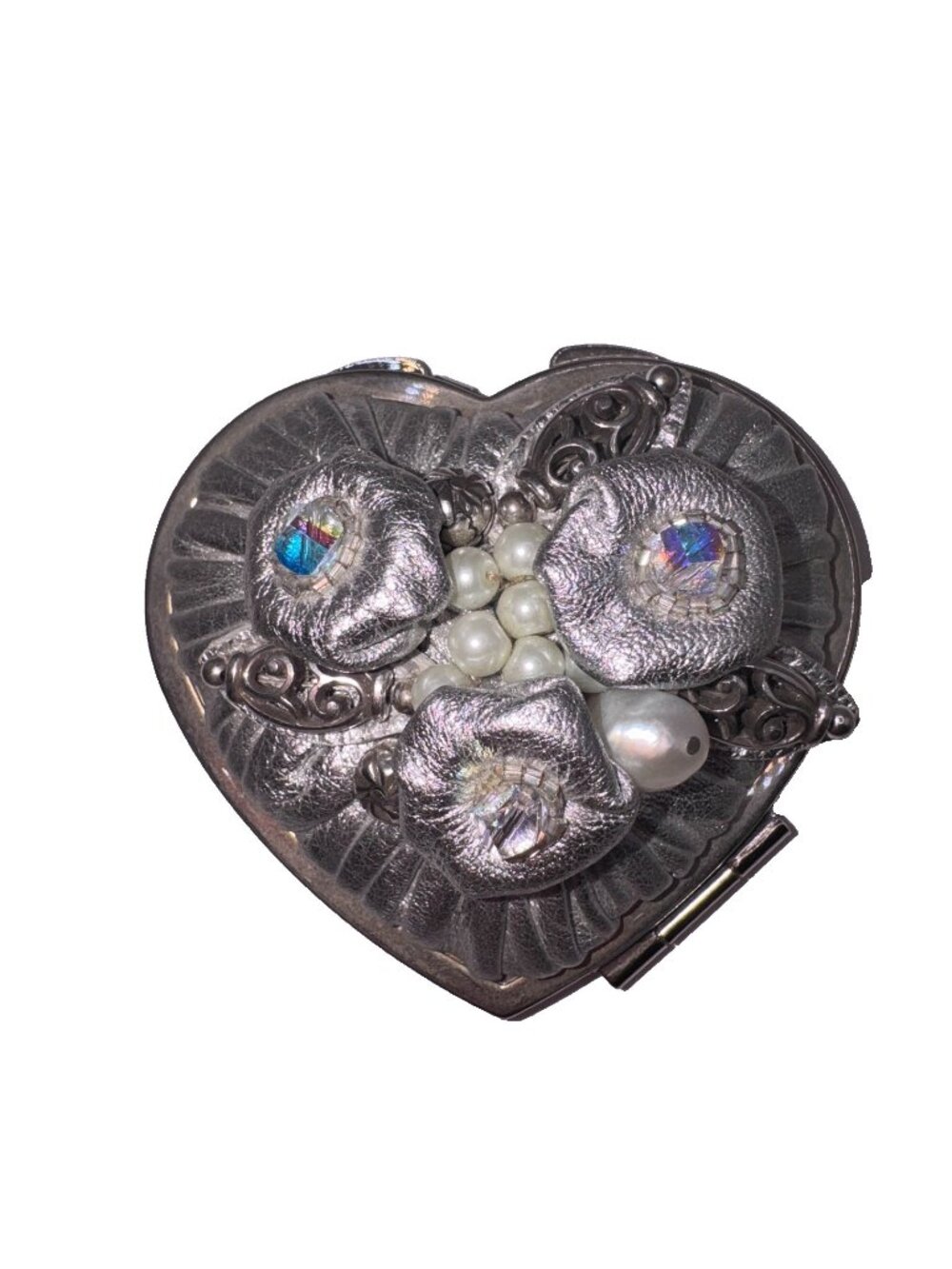Brighton Silvertone Heart Compact Mirror w/Puffy Flowers & Pearls Mother’s Day